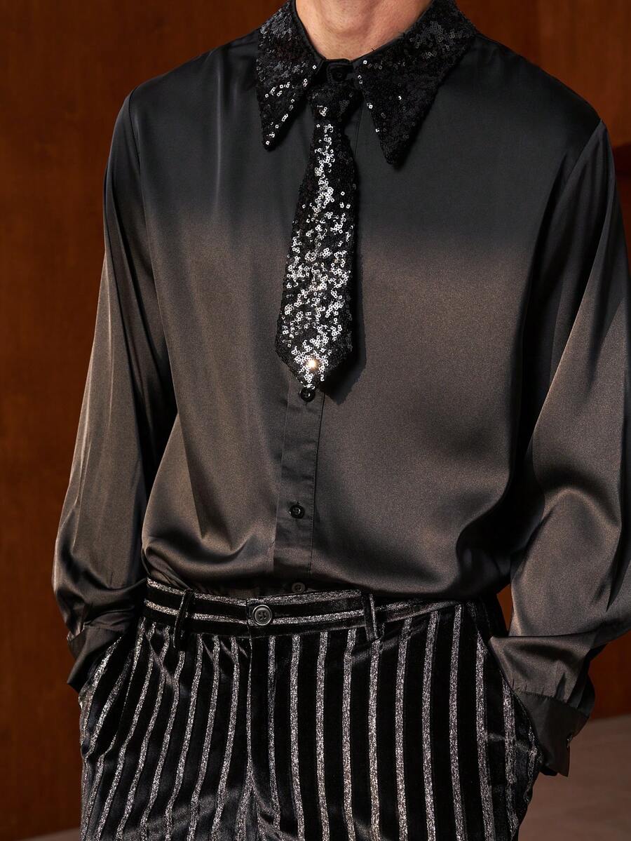 Airaco 亮片装饰领长袖衬衫，时尚男士设计，适合派对穿着 - 黑色 - 查看 1