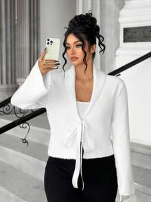 Elenzga Große Größen Lässig einfarbige Schleife Glockenärmel Strickjacke, Herbst/Winter