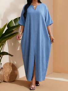 SHEIN Lady 大码纯色简约长袖休闲连衣裙 - 藍色 - 查看 5