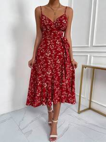 EMERY ROSE 女士碎花蝴蝶结侧开衩连衣裙，春夏款 - 紅色 - 查看 6