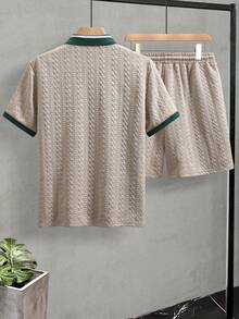 EGENSIO Men's Textured Solid Polo Shirt & Drawstring Shorts Set - Apricot - View 2