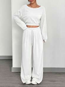SHEIN EZwear 两件套针织女式斜肩上衣和裤子套装 - 白色 - 查看 6