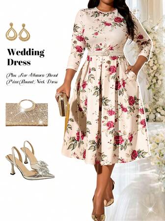 Fleurora Plus Size Women's Floral Print Round Neck 3/4 Sleeve Pocketed Pleated Elegant Party Dress