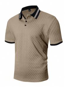EGENSIO Áo polo ngắn tay nam cỡ lớn với viền tương phản, chất liệu vải dệt họa tiết - Màu Khaki - Xem 3