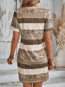 SHEIN LUNE Leopard Print Colorblock Tee Dress - Brown - View 2