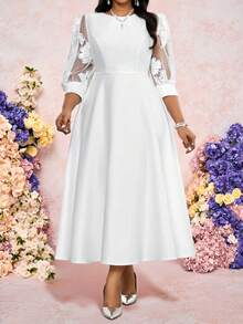 Fleurora Spring And Summer Modest Elegant Party Wedding Valentine's Day Cocktail Party Concert/Music Festival White Woven Chiffon Jacquard Scoop Neck Ball Gown Flared Bishop Sleeve Contrast Mesh Long Quarter Sleeves Plus Size Dresses Plus Size Women Floral Mesh Patchwork Elegant Fitted Party & Holiday Dress White Dress White Dress For Women Luxury Evening Dresses For Women Luxury Evening Dress For Women Luxury Dresses Formal Dress Formal Dresses For Women Elegant Dresses For Women Elegant Dresses Elegant Dresses For Ladies Wedding Guest Dress For Women Weddings & Events Wedding Guest Dress Party Dress Elegant Party Dresses For Women Valentine's Day Dress - White - View 4