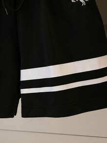 SHEIN LUNE Women's Raglan Sleeve Striped Hooded Drawstring Casual Black Contrast 2 Pieces Set - Black and White - View 5