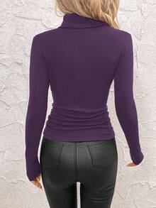 SHEIN Clasi 女士立领收腰抓绒保暖T恤 - 紫色 - 查看 2