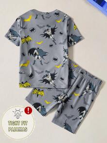 BATMAN X SHEIN 85th Young Boy Cartoon Figure Graphic Crew Neck Short Sleeve Top And Shorts Snug Fit Pajama Set - Grey - View 2