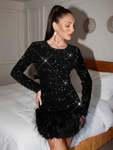 Lavishia Women's Sequin Patchwork Fuzzy Crew Neck Long Sleeve Dress Black Sparkle Dress Party Dress - Black - View 4