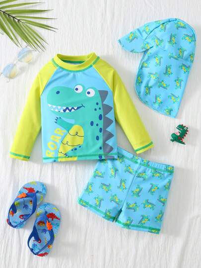 SHEIN 3件套男女宝宝休闲夏季度假椰子树恐龙印花长袖短裤套装，含遮阳帽，适合春夏季穿着，居家、外出、旅行、海滩、泳池、派对等场合。