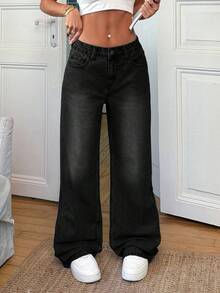 EURMUSE 100%Cotton LOW WAIST WIDE LEG LONG HEM TALL JEAN - Dark Grey - View 9