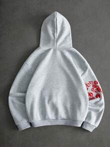 Manfinity EMRG Men's Autumn/Winter Street-Style Popular INS Matching High-End Niche Heart Print Hoodie, Personalized English Text Outdoor Music Festival, Nightclub Bar, Boyfriend/Husband Gift, Anniversary Gift, White - Light Grey - View 4