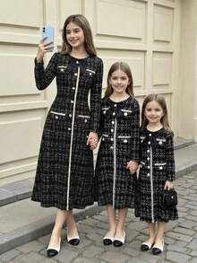 Teen Girl Bow Collar Metal Buckle Deco Long Sleeve A-Line Maxi Elegant Dress, Elegant Plaid Mid Dress, Elegant Black Dress, Suitable For Casual Daily Wear Girls Matching Dresses - Black - View 12
