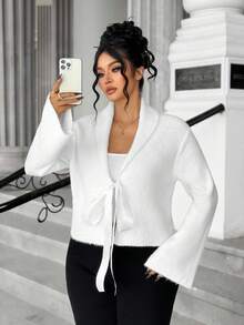 Elenzga Große Größen Lässig einfarbige Schleife Glockenärmel Strickjacke, Herbst/Winter