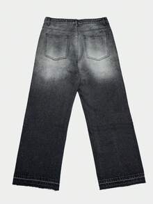 Manfinity EMRG Men's High Street American Streetwear Gradient Washed Rhinestone Embellished Loose Wide Leg Pants, Perfect Holiday Gift For Boyfriend & Husband Mens Rhinestone Jeans Grey Baggy Jeans - Black - View 7