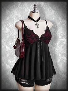 SHEIN ICON 大码女式花卉蕾丝拼接蝴蝶结装饰时尚吊带背心 - 酒紅色 - 查看 5