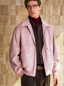 Manfinity Dauomo Áo khoác bomber cổ lông cừu họa tiết đồng xu cổ điển, áo khoác da lộn dành cho nam, trang phục dự tiệc, mùa thu/đông. - Bụi hồng - Xem 2