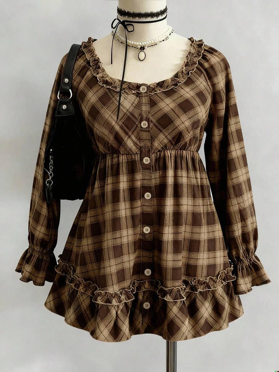 Sunspun 复古格纹优雅泡泡袖荷叶边长袖收腰A字连衣裙，适合春、夏、秋季穿着。 - 彩色 - 查看 1