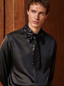 Airaco 亮片装饰领长袖衬衫，时尚男士设计，适合派对穿着 - 黑色 - 查看 3