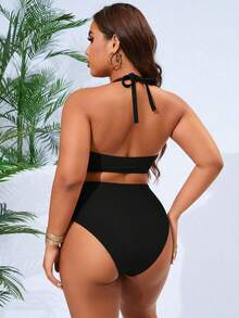 Swim Basics Plus Size Women 2pcs/Set Solid Color Halter Neck Bikini Set, Fashion Minimalist Summer Beach Vacation Swimwear
