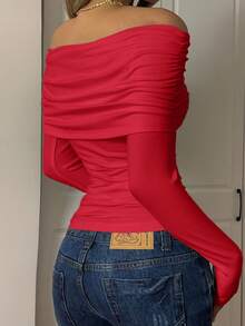 SHEIN EZwear 女士露肩长袖针织T恤，红色，情人节款 - 紅色 - 查看 2