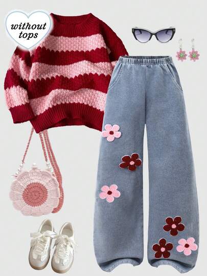 SHEIN ChillGRL Tween Girl Jeans, Retro Personalized Jeans With Cute Red Front Panel And Pink Floral Patches, Versatile Blue Casual Pants, Girls Wide Leg Jeans, Y2K Style Wide Leg Jeans In Medium Wash, Soft And Comfortable Fabric, Suitable For Autumn/Winter Back To School Season, Cute And Comfortable For Daily Outings, Parties, And Holidays