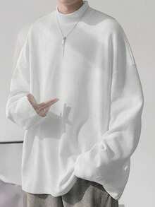 Manfinity 男士休闲纯色简约立领长袖T恤 - 白色 - 查看 1