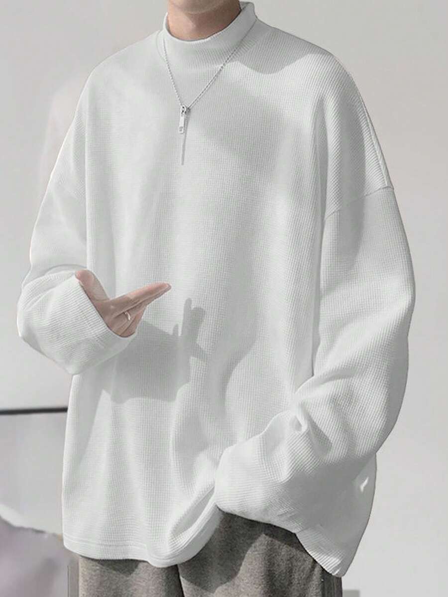 Manfinity 男士休闲纯色简约立领长袖T恤 - 白色 - 查看 1