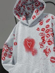 Manfinity EMRG Men's Autumn/Winter Street-Style Popular INS Matching High-End Niche Heart Print Hoodie, Personalized English Text Outdoor Music Festival, Nightclub Bar, Boyfriend/Husband Gift, Anniversary Gift, White - Light Grey - View 1