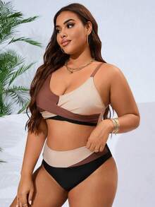 Swim Vcay Plus Size Colorblock Spaghetti Strap Two-Piece Bikini Sets Summer - Multicolor - View 7