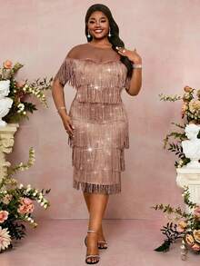 SHEIN Lady Plus Size Fringe Decor Fashion Round Neck Khaki Dress Women's Formal Dresses, Women's Elegant Dresses, Women's Elegant Party Dresses, New Year's Dresses, Winter Dresses, Shimmering Dresses, Women's Floral Dresses, Women's Gold Dresses, Women's Luxury Dresses, Brocade Jacquard Dresses, Women's Church Gowns, Dubai Robes, Women's Luxurious Shimmering Dresses, Wedding Party Dresses.Spring Outfit Women  Fringe Dress Plus Size Flapper Dress Plus Size Rose Gold Dress Plus Sequin Dress Plus Size Slay Diva Dress Summer Dress  Beach Dress  Party Dress - Dusty Pink - View 5