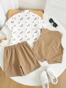 SHEIN 三件套男童春夏可爱绅士套装:背心、外套、短裤、短袖衬衫配领结和卡通图案,适合生日派对、洗礼、周岁生日庆祝、正式场合、演出、婚礼等场合。 - 卡其色 - 查看 6