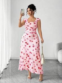 Elenzga Plus Size Women's French Romantic Pink Rose Print Off-Shoulder Dress, Plus Size Cinched Waist Pleated Mesh Maxi Dress, Elegant Fitted Slim Spaghetti Strap Dress 1XL, Suitable For Commute, Date, Vacation, Goddess Style - Pink - View 3