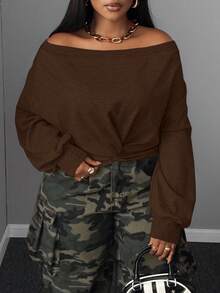 Maweii 初秋性感修身高腰露脐扭肩长袖卫衣，大码 - 咖啡棕 - 查看 1