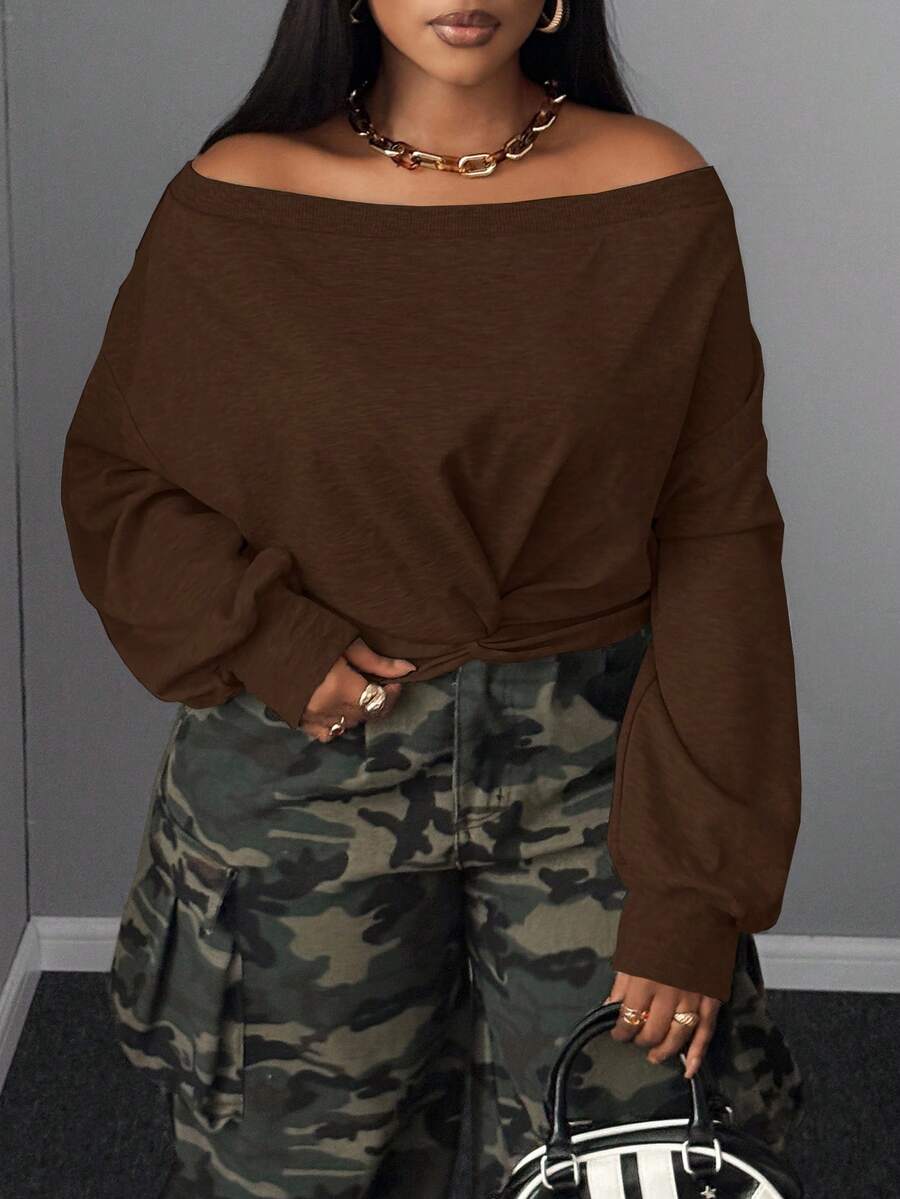 Maweii 初秋性感修身高腰露脐扭肩长袖卫衣，大码 - 咖啡棕 - 查看 1