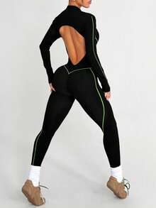 Dewbera 女式无缝黑线图案运动连体裤，长袖修身紧身衣 - 彩色 - 查看 2