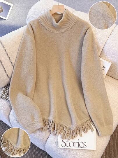 GlowEve CURVE Suéter de cuello alto asimétrico con flecos de manga larga tejido, talla grande, para invierno