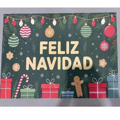 Spanish "Feliz Navidad" Christmas Banner Background Cloth, Large Party Decoration, With Gifts, Candy Canes, And Snowflake Patterns, Dark Green Background Design, Suitable For Home, Office, And School, Christmas Party Supplies, Spanish Style Merry Christmas Banner, Festival Decorations, Indoor And Outdoor Decoration.