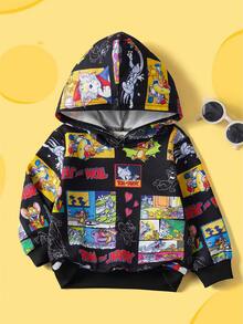 TOM & JERRY X SHEIN Baby Boy Casual Cartoon Pattern Hooded Sweatshirt, Autumn - Black - View 1