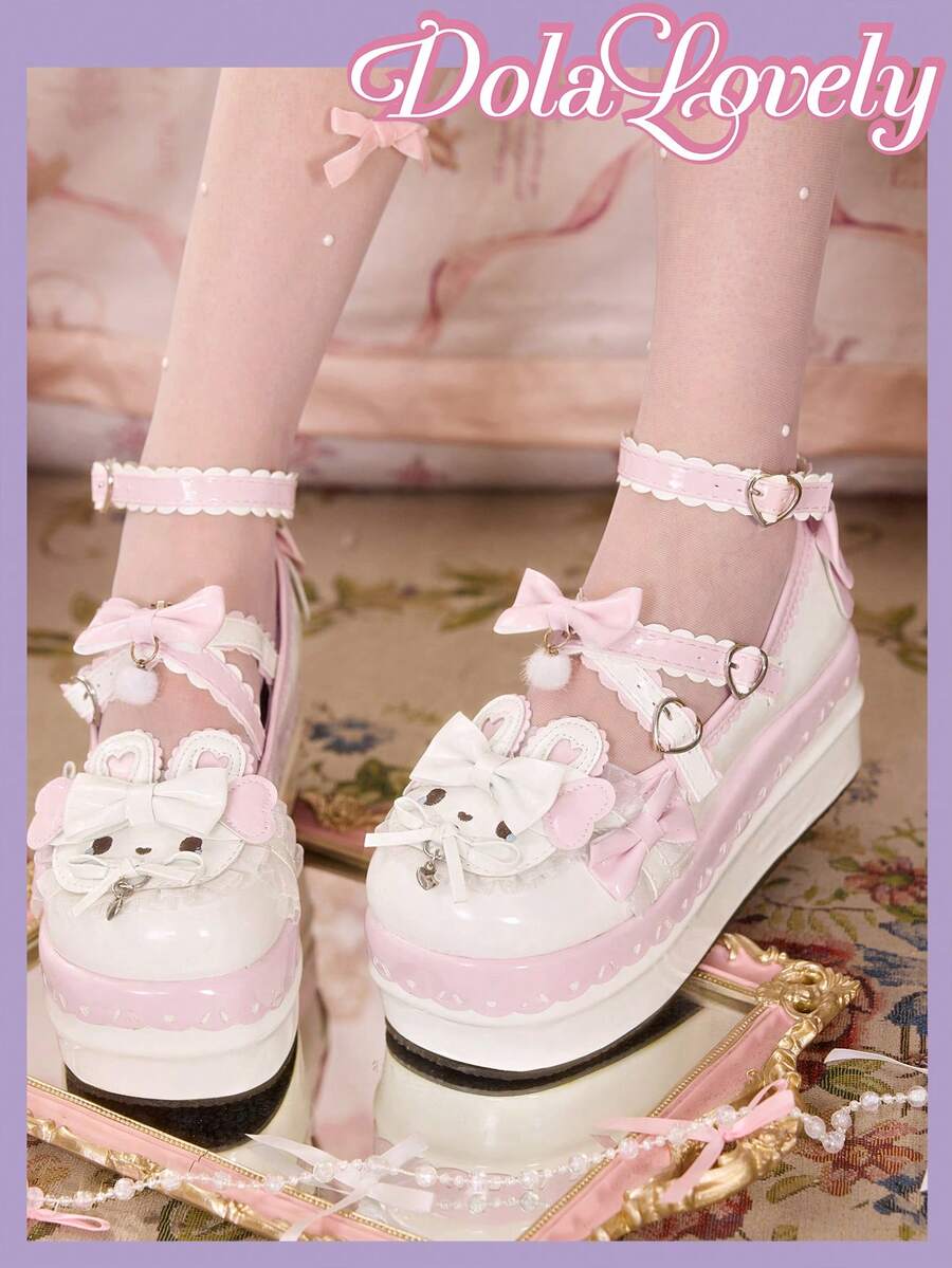 Dola Lovely Women's Fashion Sweet Bow Decor Thick Sole Platform Pumps Valentine's Day - White - View 1