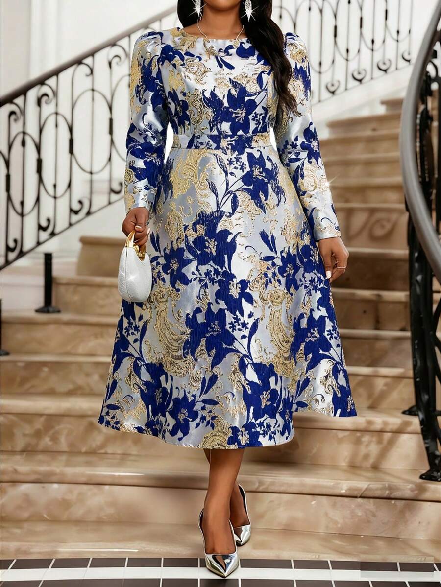 Fleurora 大码女士优雅泡泡袖印花连衣裙 - 寶藍色 - 查看 1