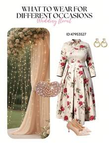 Fleurora Plus Size Women's Floral Print Round Neck 3/4 Sleeve Pocketed Pleated Elegant Party Dress