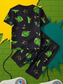 TEENAGE MUTANT NINJA TURTLES | SHEIN Bộ đồ ngủ ngắn tay và quần short in hình rùa hoạt hình dành cho bé trai, thích hợp cho mùa hè. - màu đen - Xem 2