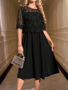 SHEIN Clasi Đầm ren thanh lịch cổ tròn tay ngắn dành cho nữ - màu đen - Xem 3