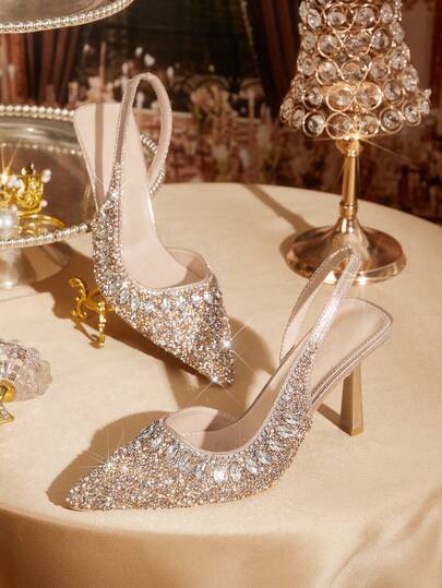 CUCCOO TILAWA Champagne Color Rhinestone Embellished Pointed Toe High Heel Party Wedding Pumps For Women Valentine's Day