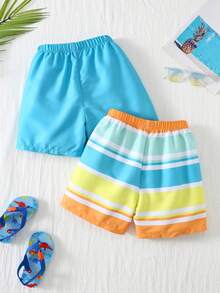 SHEIN Bộ 2 món đồ bơi nam trẻ em kẻ sọc, lưng thun, kiểu dáng thường ngày. - Nhiều màu - Xem 3