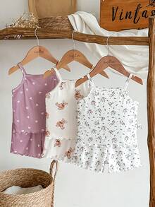 SHEIN 女婴舒适百搭甜美可爱吊带短裤套装，多件套夏季服装 - 彩色 - 查看 3