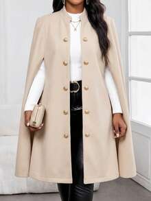 SHEIN Lady Plus Size Fall Clothes Women's Business Professional Cape Shawl Khaki Coat, Autumn And Winter Outerwear Jacket For Going Out Khaki Top Teacher Clothes Fall Women Outfits Fall Outfits Winter Women Coats Long Coat Luxury Clothes For Women French Style Clothes Abayas Dubai Luxury Valentine Clothes Valentine's Day Wedding Elegant Dresses For Women Elegant Dresses For Women Wedding Guest Dress Elegant Party Dresses Red Dress Women - Khaki - View 7