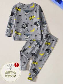BATMAN X SHEIN 85th Baby Boy Cartoon Hero Print Long Sleeve Top And Pants Snug Fit Pajamas Set, Suitable For Spring And Autumn - Grey - View 2